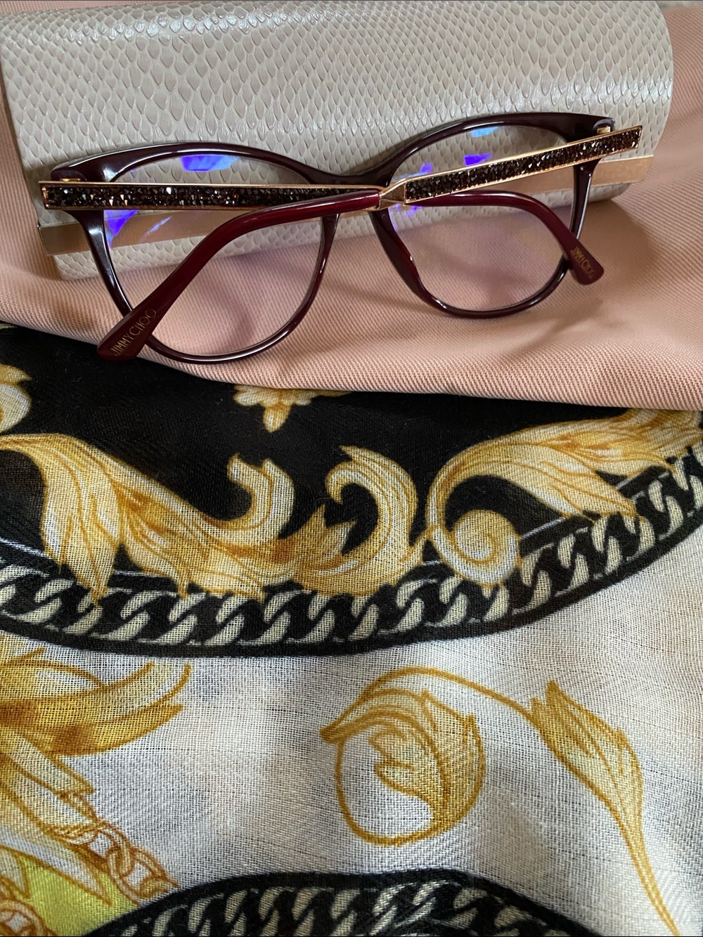 Jimmy Choo Made in Italy 🇮🇹 Dark Red Crystal Logo Glasses NWOT